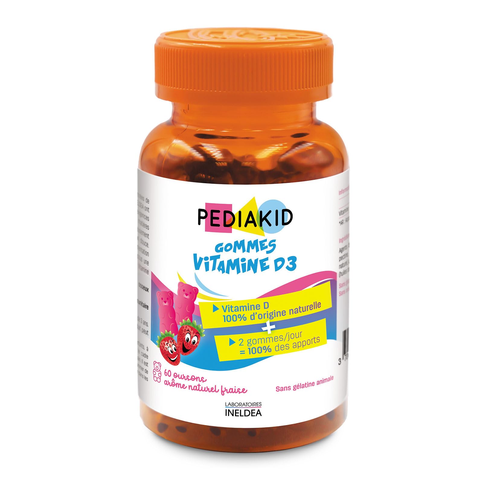 PEDIAKID Vitamine D3 Naturelle - Renforcement Immunitaire Enfants 3 Ans + - 100% Apports Journaliers Recommandés - 60 Go
